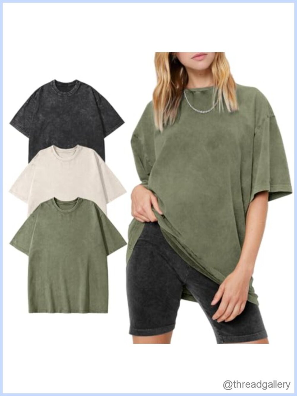 Women's Oversized Vintage Washed Cotton T-Shirts 3-Pack Short Sleeve Crew Neck